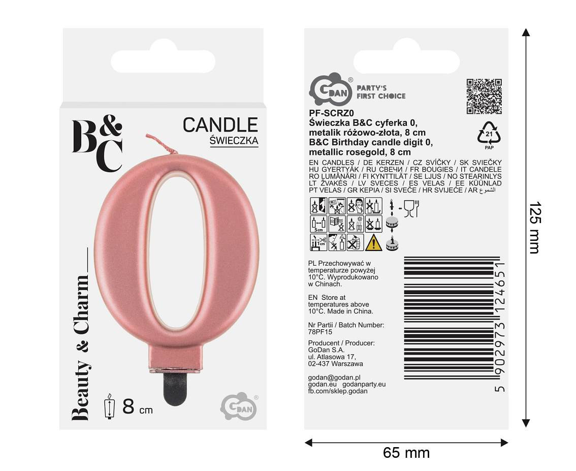 Birthday candle digit 0, metallic rosegold, 8 cm
